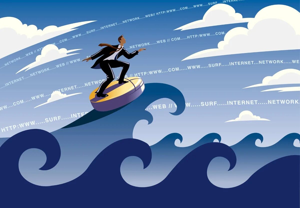 Серфинг в интернете. Волна успеха. Серфинг в интернете векторные иллюстрации. Серфинг в социальных сетях. Surfing the internet is