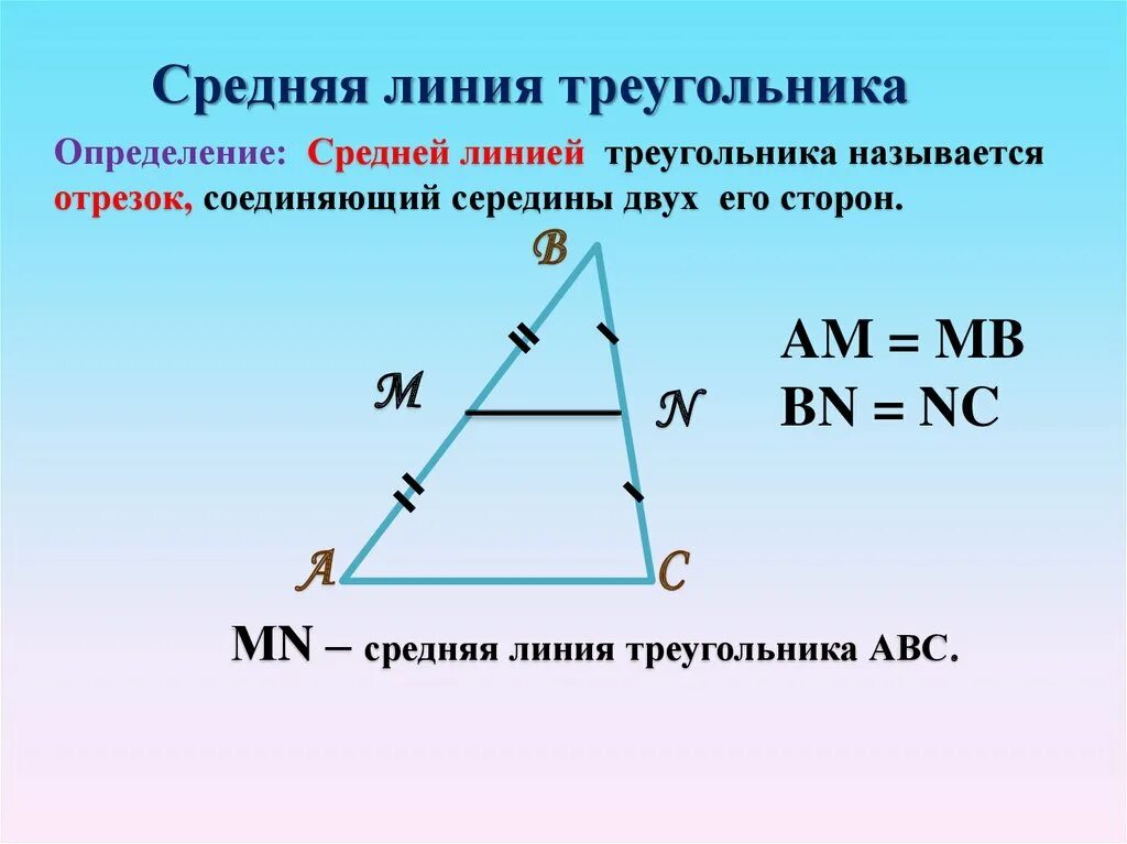 Средняя линия треугольника. Средняя линия треугольни. Среднее линия в треугольнике. Определение средней линии треугольника.