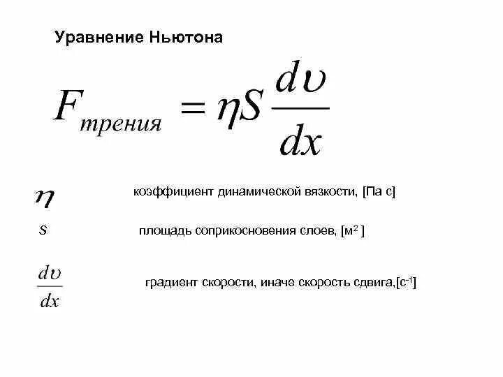 Коэффициент вязкого трения. Уравнение ньютона для вязкой жидкости. уравнение ньютона для внутреннего трения. формула ньютона для силы внутреннего трения. уравнение ньютона для силы вязкого трения.
