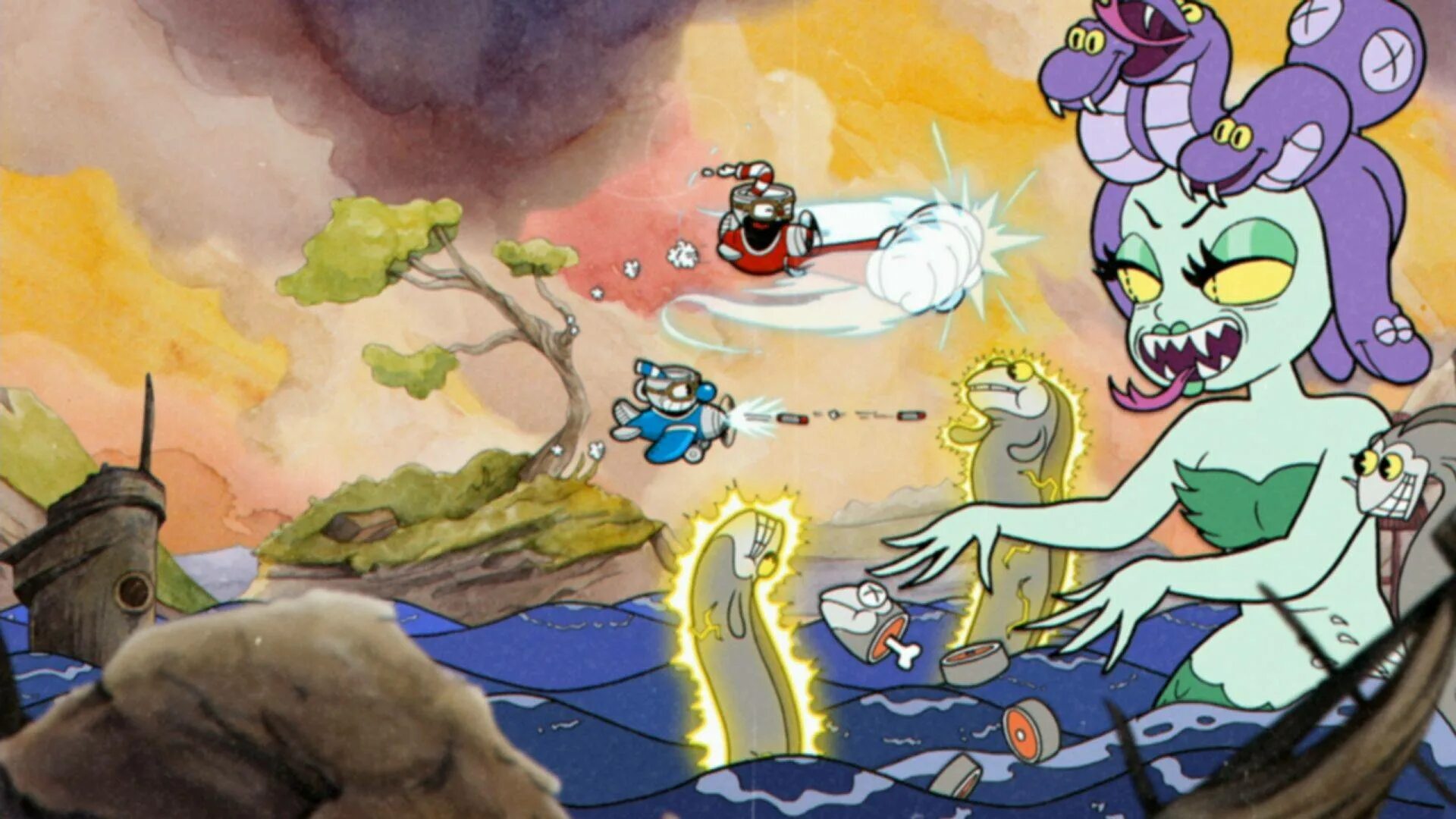 Как называется игра с капой. Cuphead игра. медуза горгона капхед. капхед босс муха. братья блейз капхед.