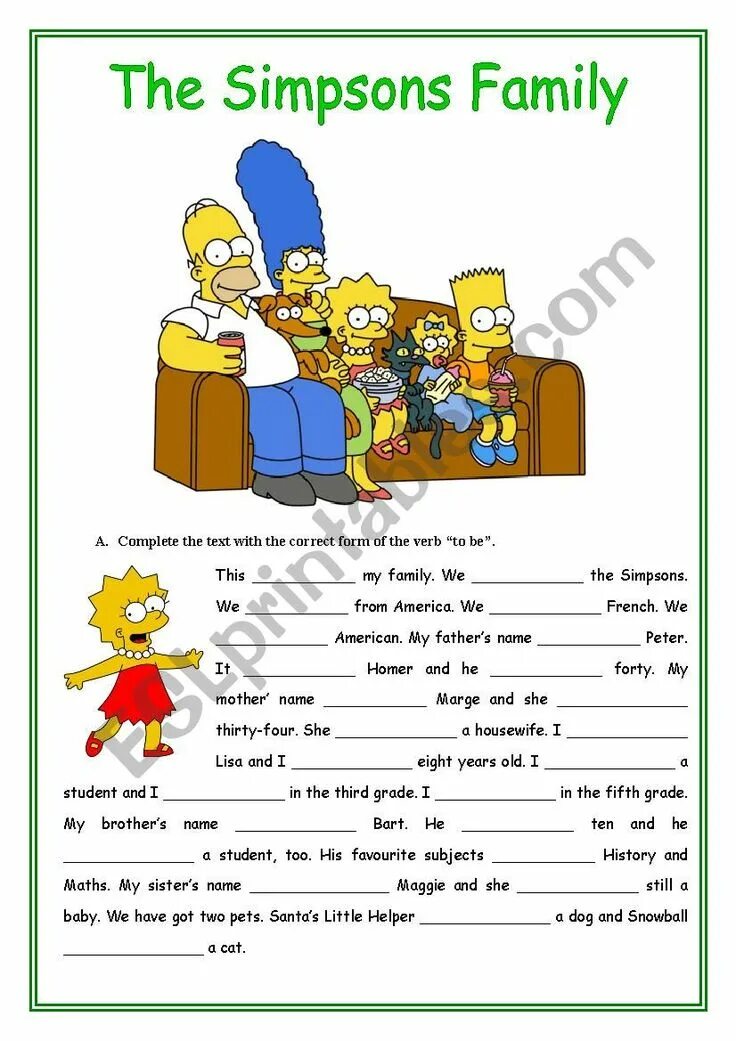 The Simpsons Family английский. Задания на английском the Simpsons. Семья Симпсонов на английском языке. Simpsons Family Worksheet.