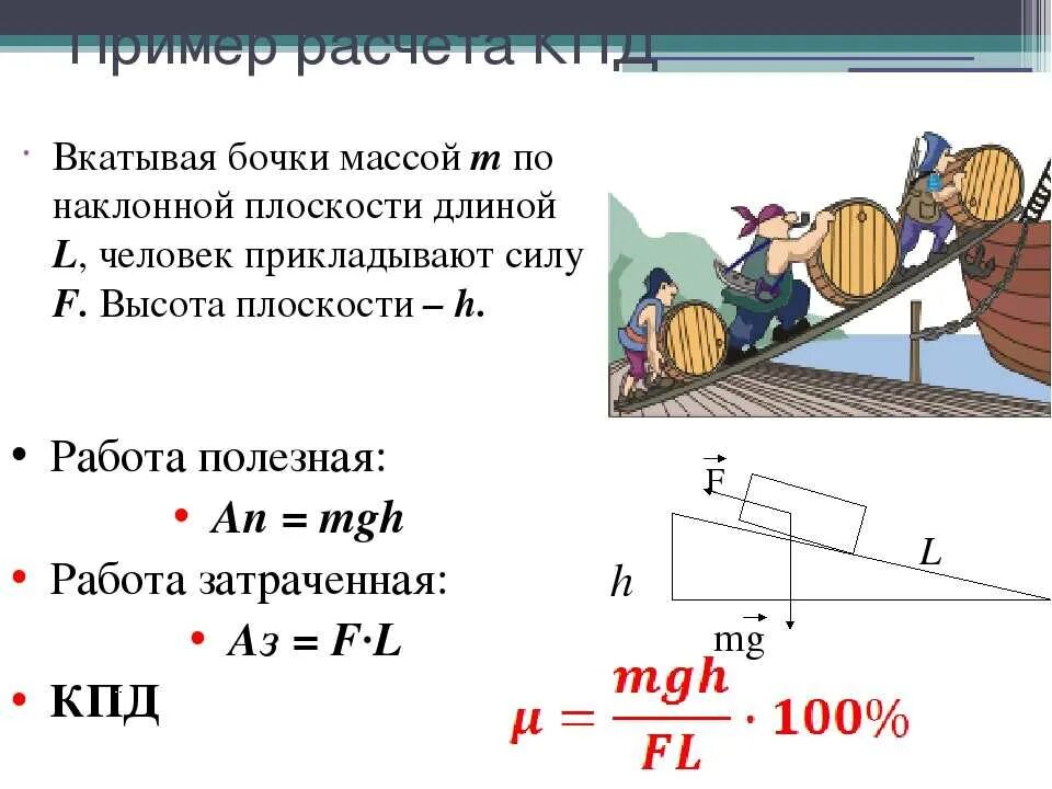 Формула расчёта КПД наклонной плоскости. Наклонная плоскость физика 7 класс формулы. Простые механизмы КПД механизма. Коэффициент полезного действия наклонной плоскости.
