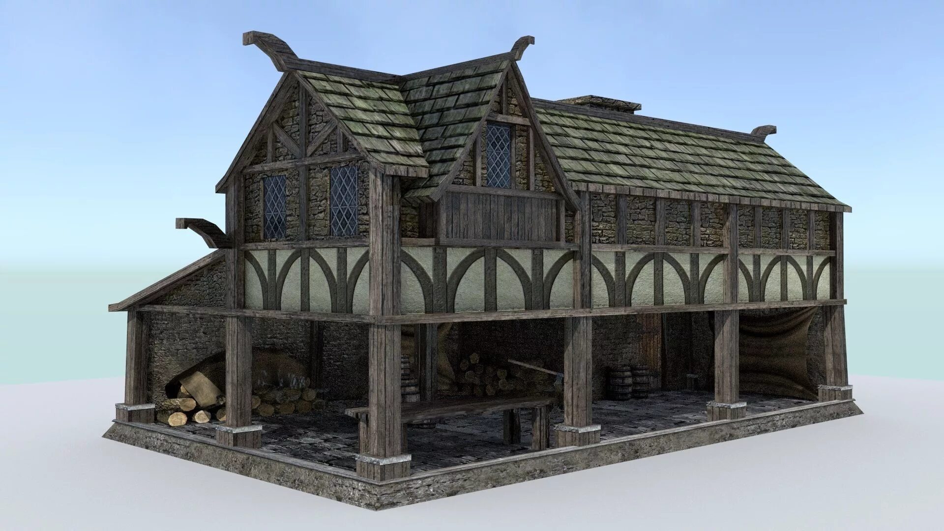 Лесопилка Medieval. Деревня 3d model. Фахверк средневековый таверна. Здания в средневековой деревне Лоу Поли.