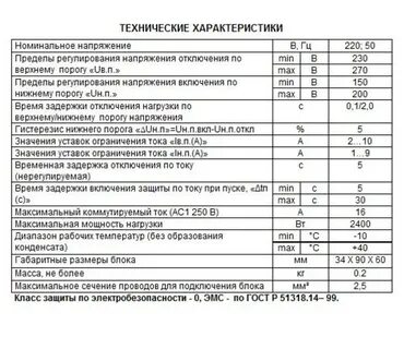 Техническая характеристика реле