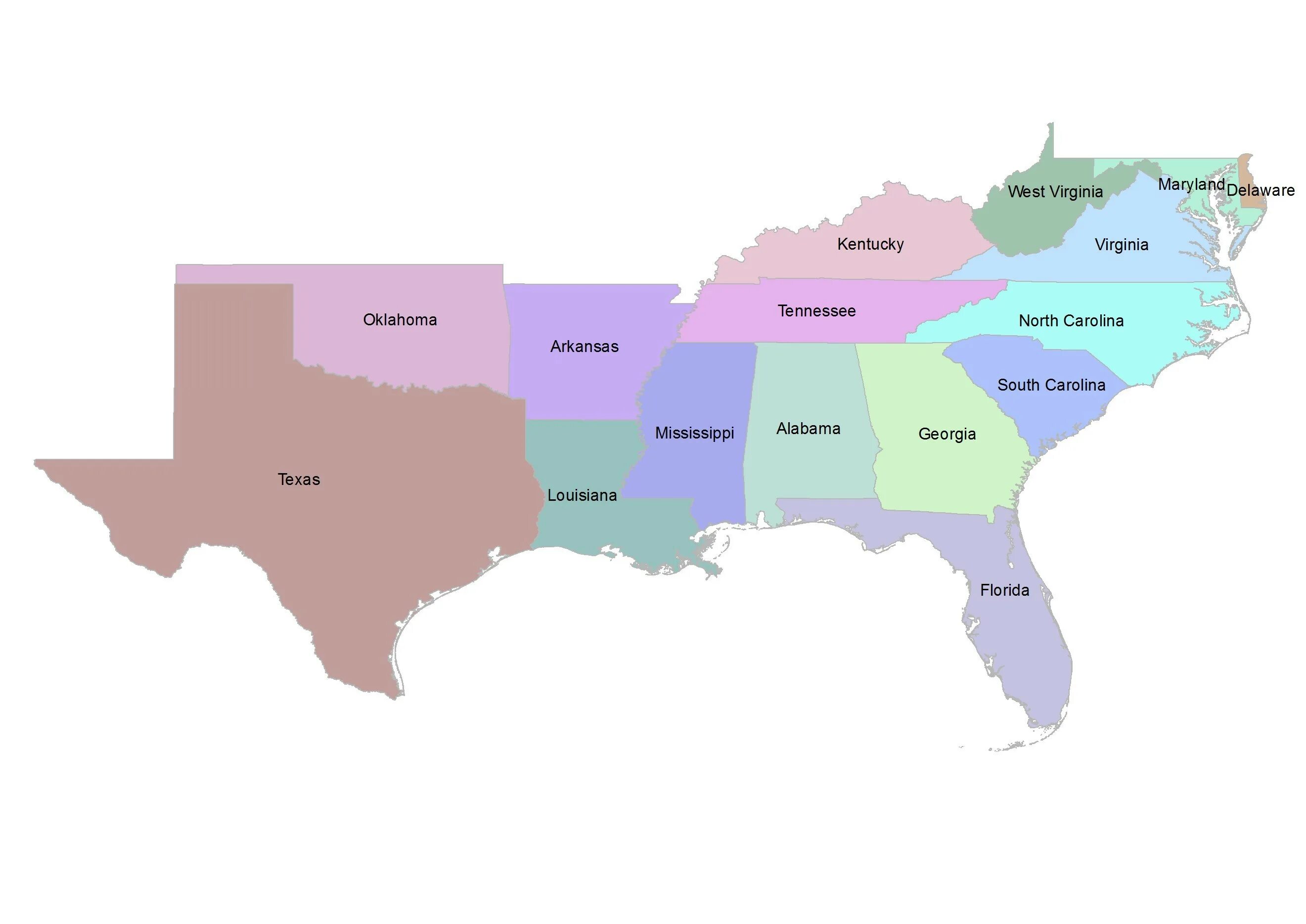 South USA. Southern States of the USA. The South Region of the USA. Southern States Map.