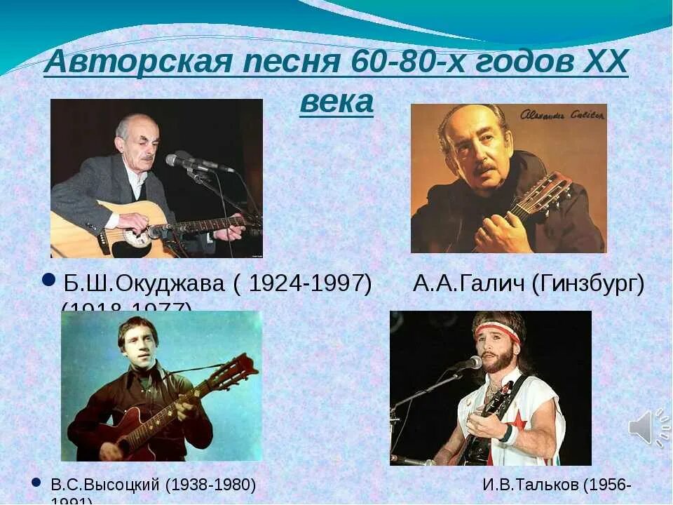 Б. Ш. Окуджава, а. Галич, в. с. Высоцкий.. Авторская песня. Представители бардов. Авторские песни. Примеры авторской песни