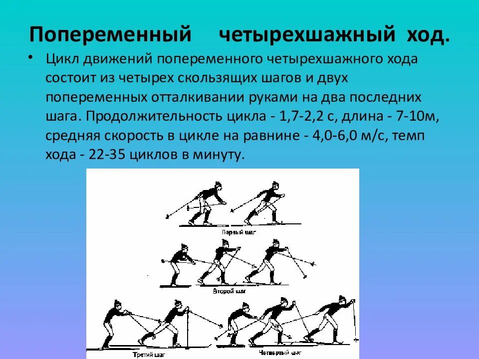 Реферат по физкультуре на тему лыжные ходы. Попеременный четырехшажный ход. Одновременный четырехшажный ход на лыжах. 2. Четырехшажный попеременный ход.. Попеременный двухшажный ход на лыжах техника 10 класс.