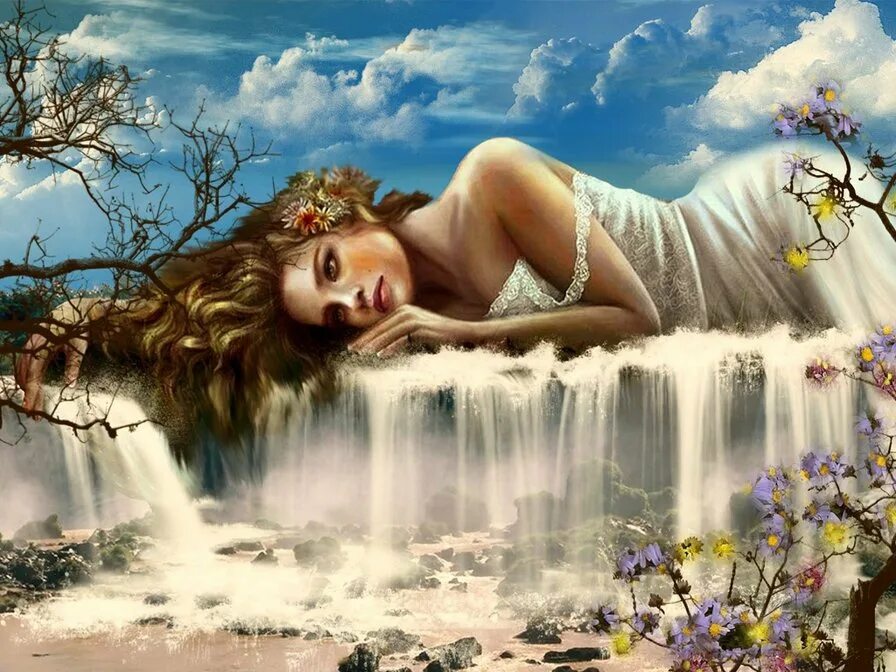 Твои волосы водопад. Фэнтези девушки природа. женщина водопад. девушка водопад фэнтези. девушка река фэнтези.
