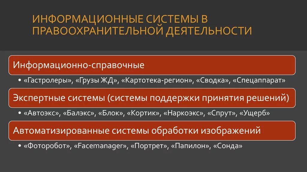 Информационные технологии в правоохранительной деятельности. Информационные системы в правоохранительных органах. Информатизация правоохранительной деятельности. Информационные системы правоохранительных органов их виды. Реализация правоохранительной деятельности