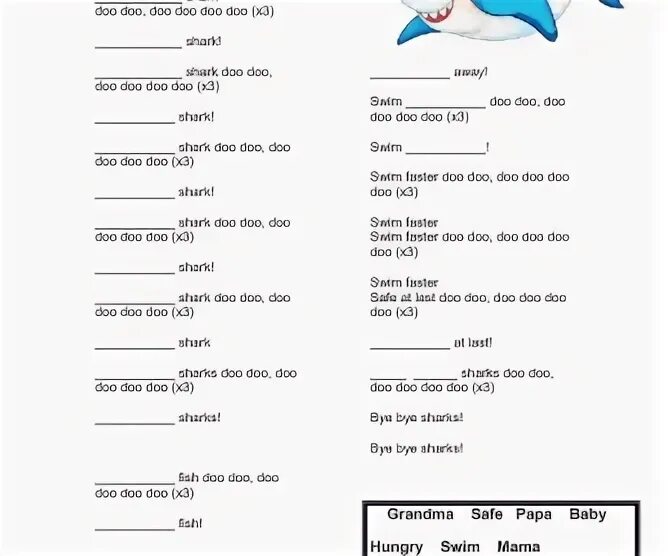 Gap filling activity. Baby Shark слова. Бэби Шарк песенка слова. Бэби Шарк песенка текст. Baby Shark Worksheets.
