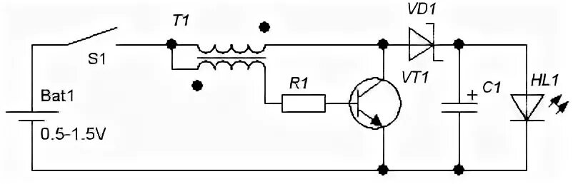 Преобразователь для светодиода от 1.5 вольт. Преобразователь для светодиода от 1.5 вольт на транзисторе. Светодиод от батарейки 1.5 вольта схема. Схема подключения светодиода от батарейки 1.5 v.