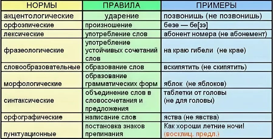 Нормы русского литературного языка таблица. Типы норм русского литературного языка таблица с примерами. Языковые нормы русского языка таблица. Правила и нормы русского языка таблица.