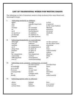 Transitions List of Words - LIST OF TRANSITIONAL WORDS FOR WRITING ESSAYS T...