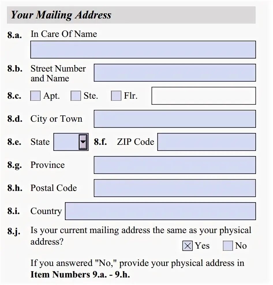 Mailing address. Пример заполнения form i-129f. 8. Mailing address (почтовый адрес). Mailing address in Care of что это. Your mailing address