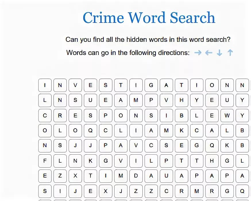 Crime Word search. Wordsearch Crime. Find all the Words. Find hidden Words.