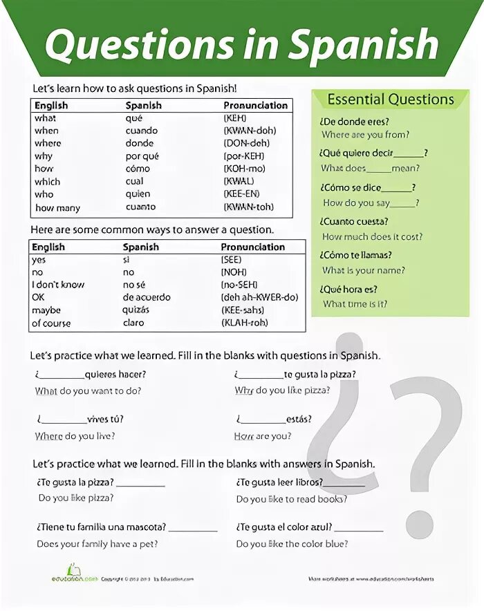 Questions in spanish. Spanish questions. spanish question words. espanol worksheet. вопрос по spain.