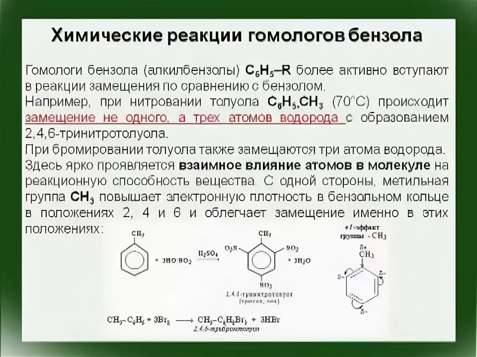 Нитрование гомологов бензола механизм. Реакция замещения бензола. Химические свойства бензола. Реакция замещения гомологи бензола. Вещества которые вступают в реакцию с бензолом