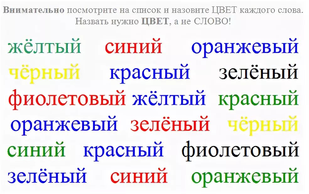 Слова написанные разными цветами. Назови цвет каждого слова. цвет слова. цветовой тест на внимательность. тест на внимание слова цветные.