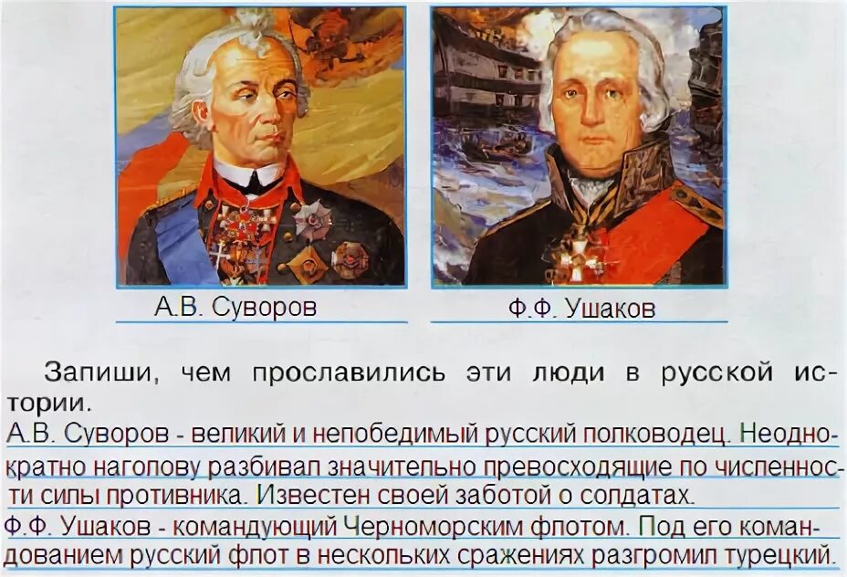 Чем прославились суворов и ушаков 4 класс. Запиши чем прославились эти люди в русской истории. Узнай кто изображен на этих портретах. Суворов и Ушаков чем прославились эти люди. Запиши чем прославились Суворов и Ушаков.