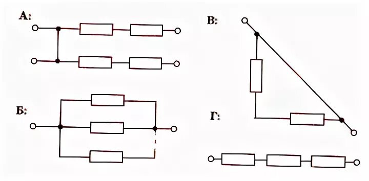 Четыре одинаковых сопротивления соединяют различными способами