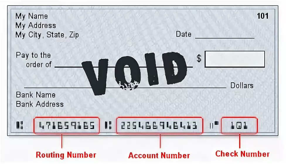 Void check. Bank account number. Void check routing. Bank routing number in Void check.