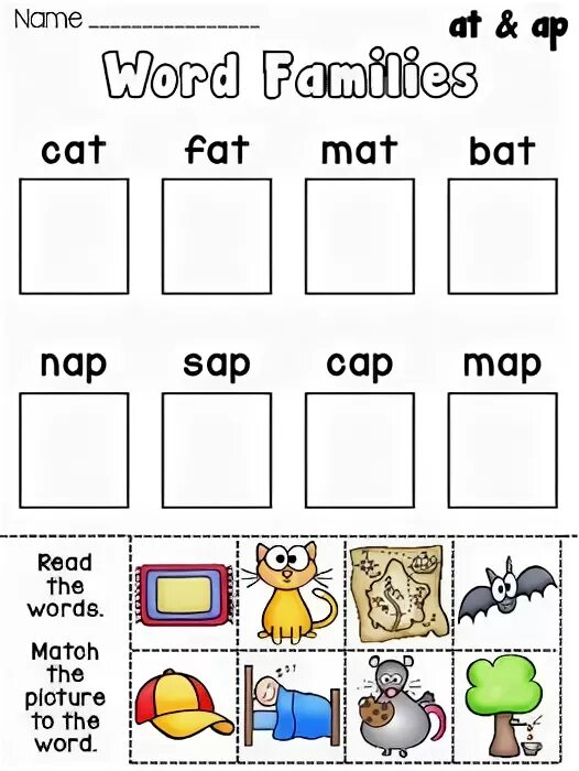 Read the words match. Word families worksheets for kids. at family words for kids. family words worksheets. at family worksheets.