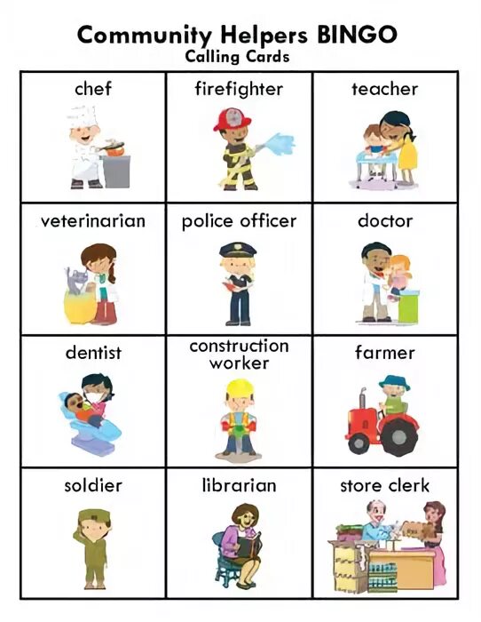 Community Helpers. Jobs Bingo for Kids. Бинго профессии. Professions Bingo.