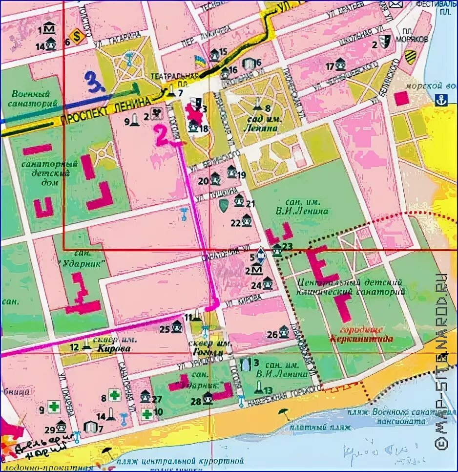 Набережная евпатории карта. Евпатория набережная горького на карте. Евпатория достопримечательности на карте. Пляжи евпатории на карте города. Карта евпатории с улицами и пляжами.
