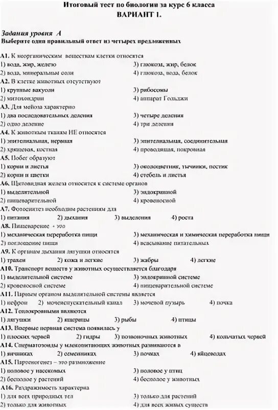 Итоговый тест по биологии 9 класс