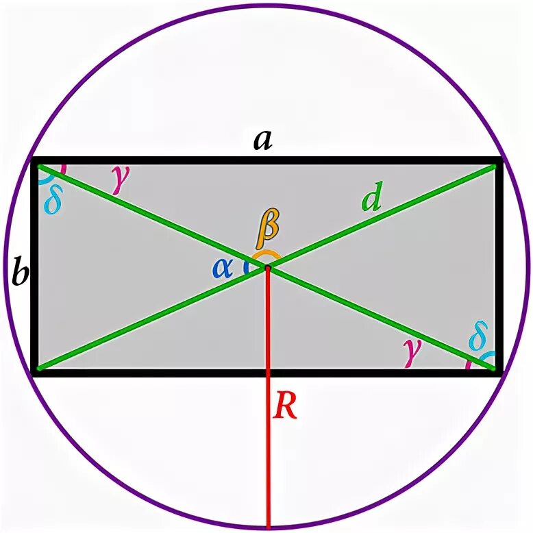Описанная окружность прямоугольника. Радиус описанной окружности прямоугольника. Угол между диагоналями. Радиус описанной окружности вокруг прямоугольника.