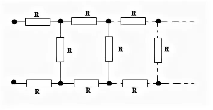 Схема полубесконечной Цепочки резисторов.. Бесконечные Цепочки резисторов. Нахождения сопротивления бесконечной цепи из резисторов. Бесконечная цепь резисторов.