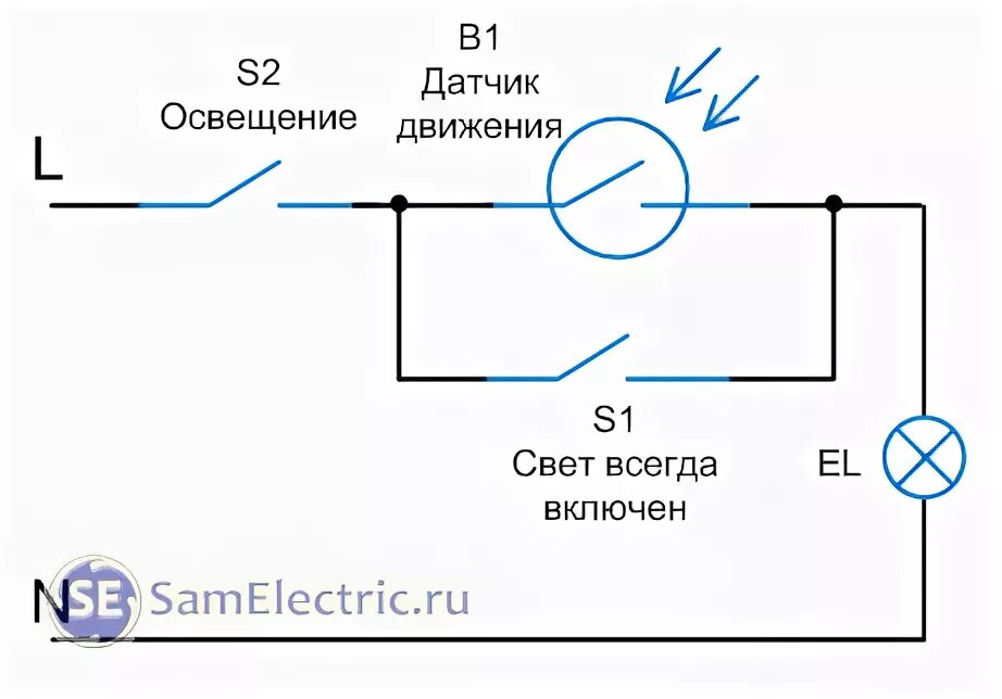 2 Переключателя и датчик движения схема подключения. Схема включения лампы с двумя датчиками движения. Подключить датчик движения на свет через выключатель схема. Схема переключателя с датчиком движения. Схема датчика движения через выключатель