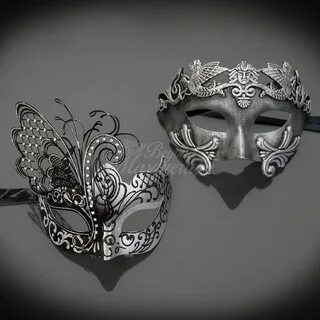 Couples Masquerade Mask, His & Hers Set, Silver Masquerade Mask M31000, M33162 e