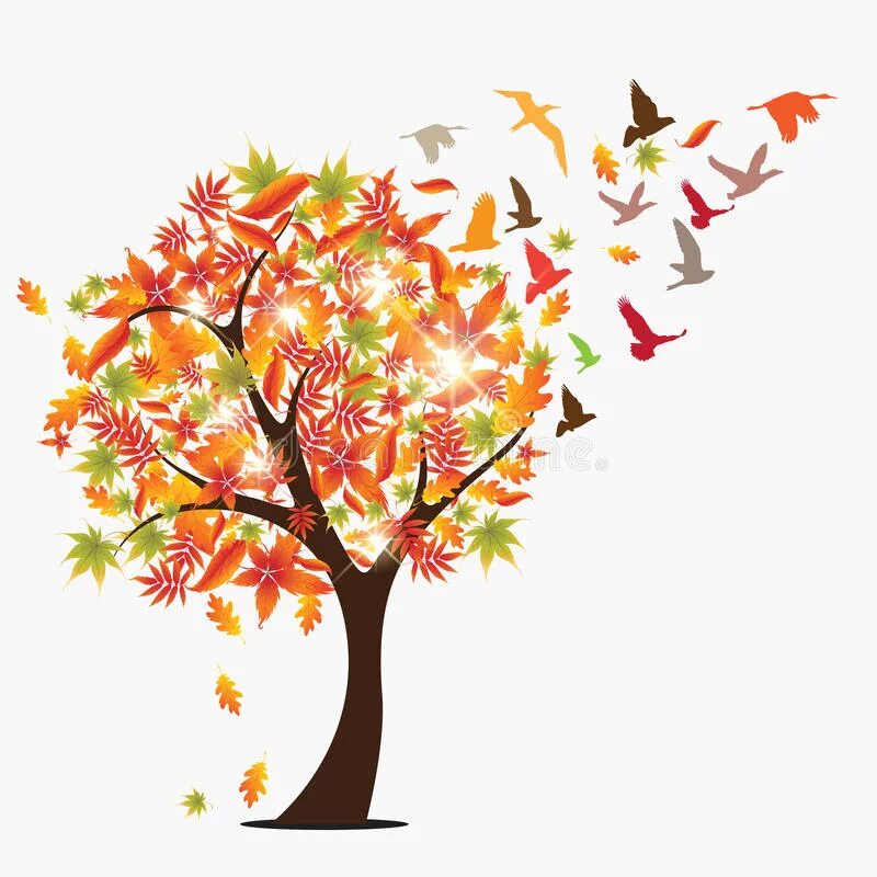 Дерево с улетающими птицами. Осеннее дерево. Дерево с опавшими листьями. Листья падают с деревьев. Стилизованное осеннее дерево.