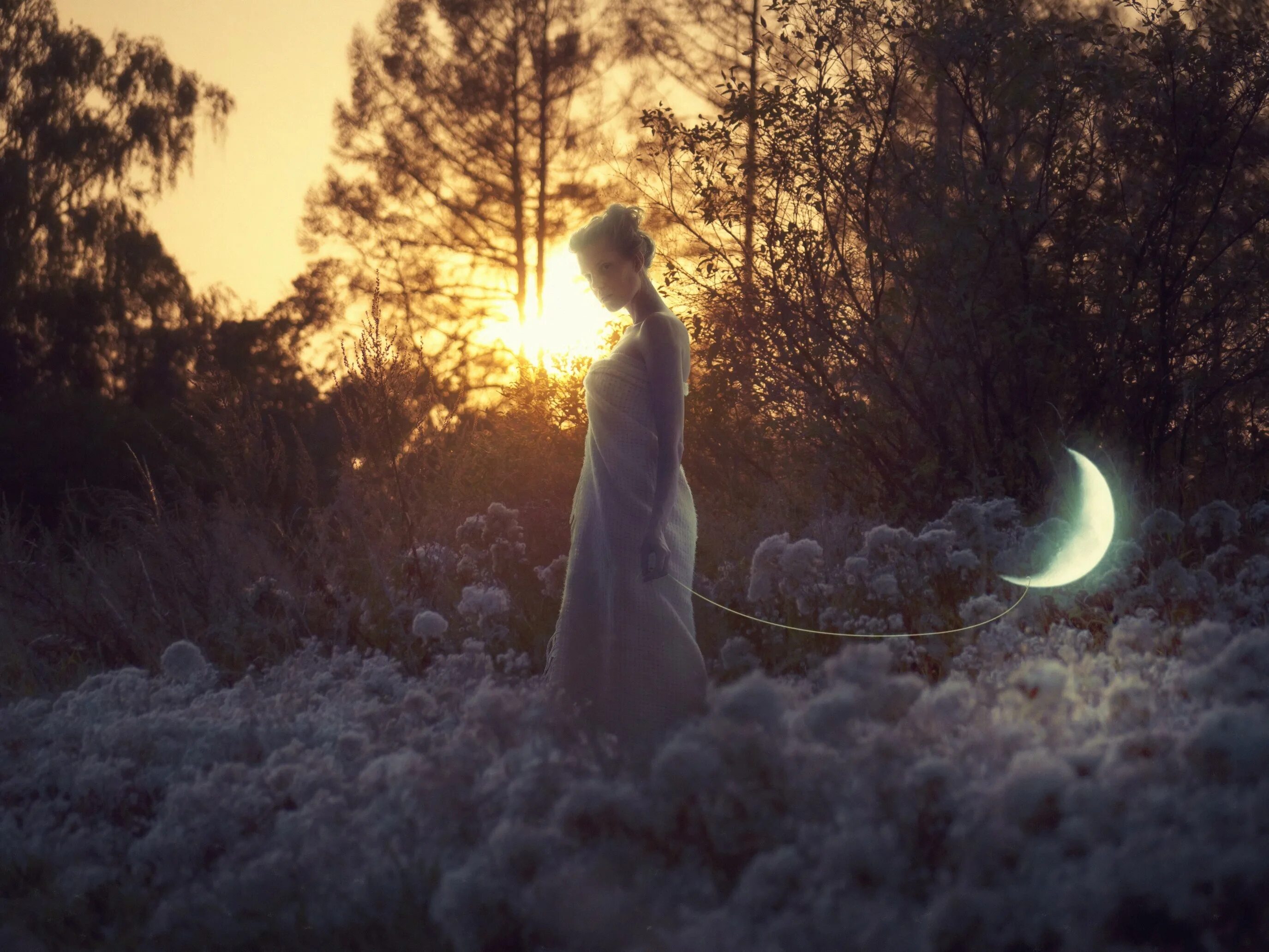 Девушка-Луна. Девушка в ночном саду. Девушка и ночь. Фотосессия с луной.
