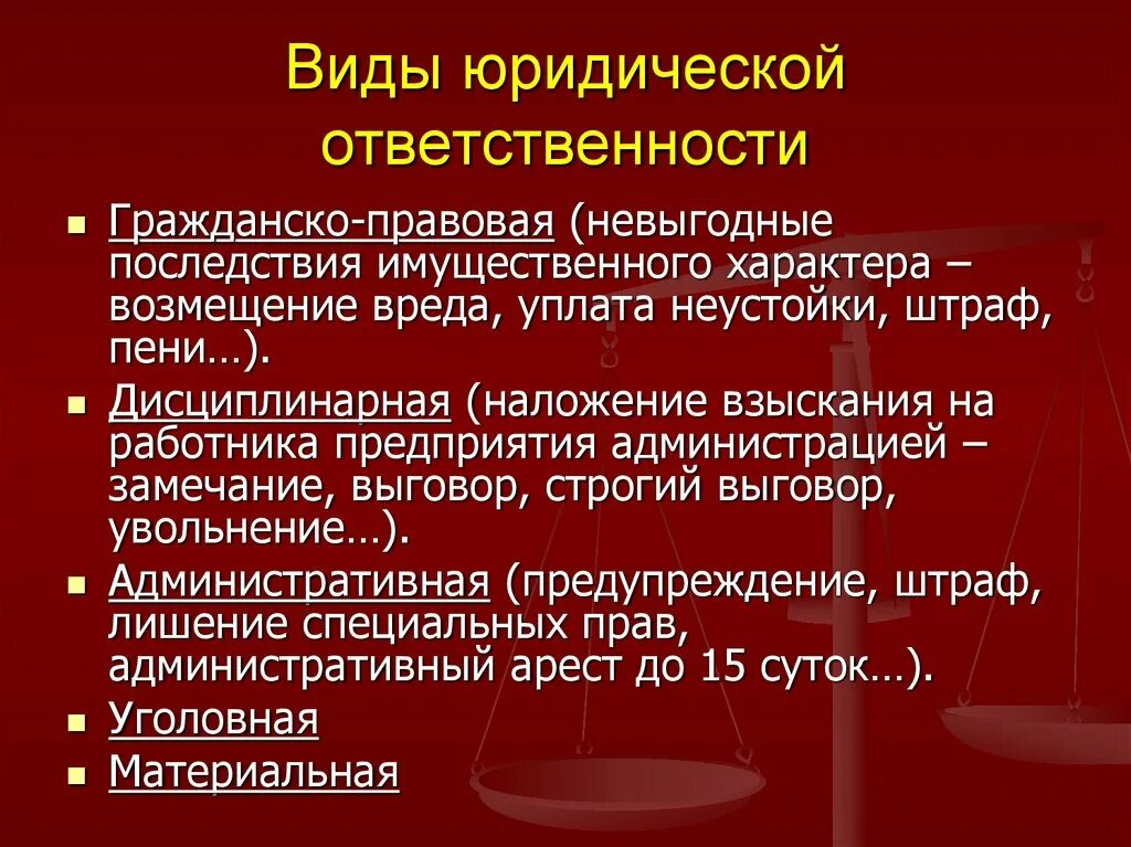 Трудовая ответственность примеры. Все виды юридической ответственности. Гражданско-правовая юридическая ответственность примеры. Признаки юридической ответственности.