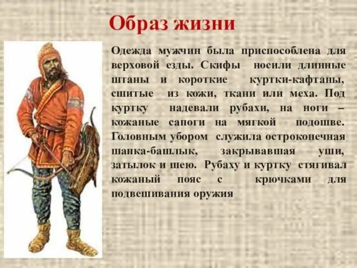 Название народа в переводе означает воинственный. Одежда скифов. Мужской костюм скифов. Образ жизни скифов. Костюм и вооружение скифов.