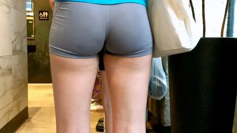 Candid Tiny Teen Blonde Ass in Spandex Shorts. 