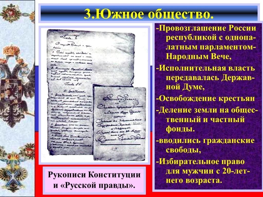 Южное общество в россии. Избирательное право Северного и Южного общества. Избирательное право Южного общества. Избирательное право Северного общества. Рукописи Конституции и русской правды.