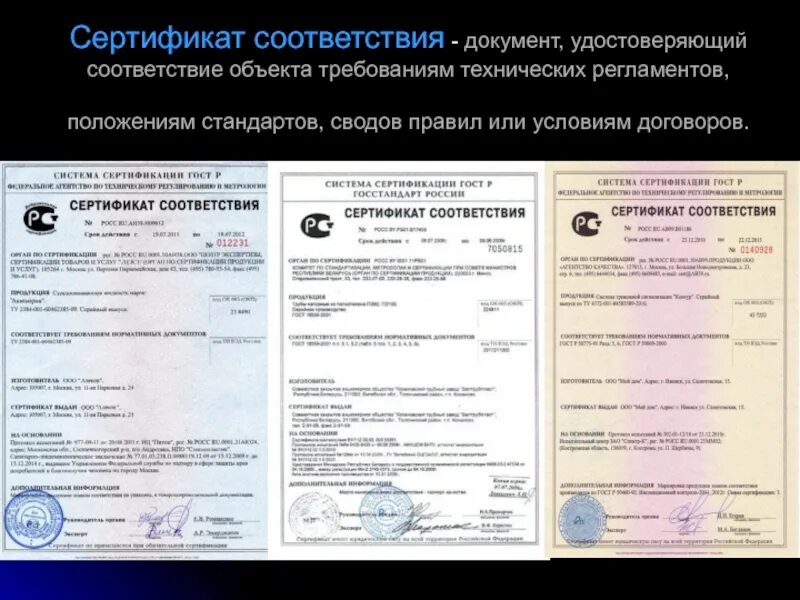 Виды документов подтверждающие соответствие товаров