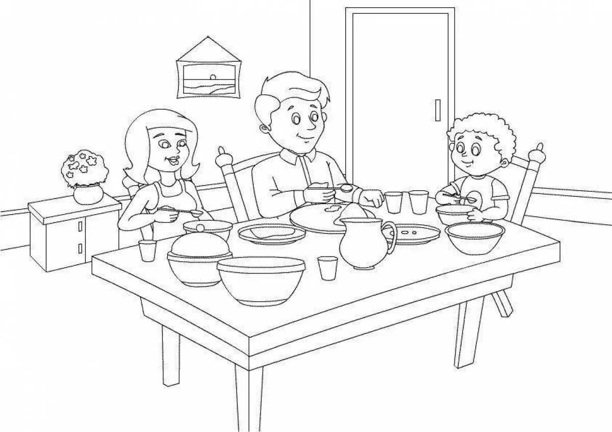 Раскраска семья. Семья за столом раскраска. Раскраска дети в столовой. Дети за столом раскраска для детей.