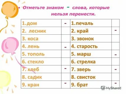 Найди слова которые нельзя перенести
