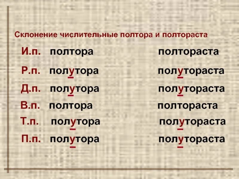 Склонение числительных полтора и полтораста таблица. Склонение числительных полтора. Числительные склонение полтораста. Склонение числительных полтора полторы.