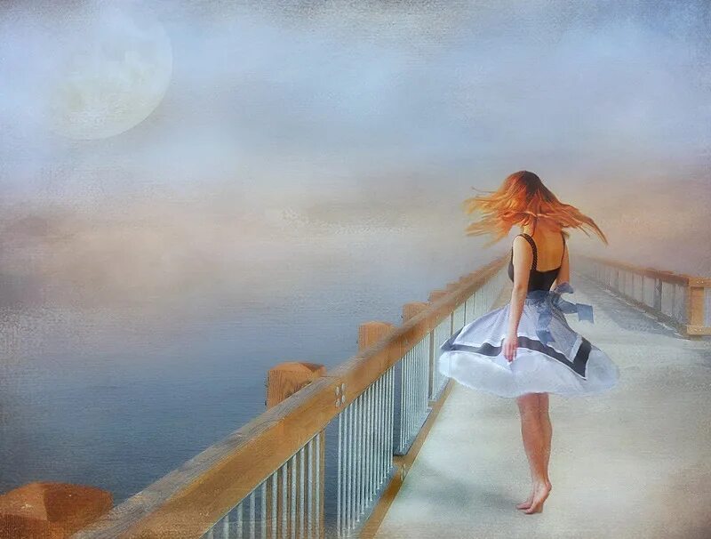 Девушка идет по мосту. Девушка на мосту картина. Девушка бежит по мосту. Девушка легкость.