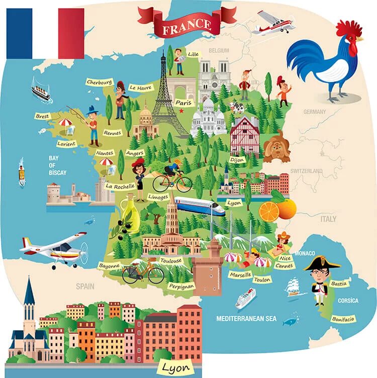 Карта Франции с достопримечательностями. Туристическая карта Франции с достопримечательностями. Карта Франции для детей.