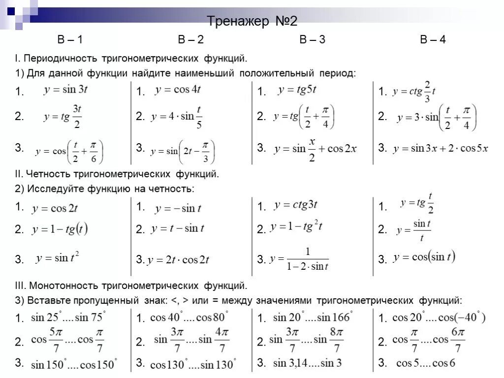 Проверочные работы по алгебре 10 класс тригонометрические функции. Задания по теме свойства тригонометрических функций. Контрольные задания по тригонометрии 10 класс с ответами. Формулы периодичности тригонометрических функций.