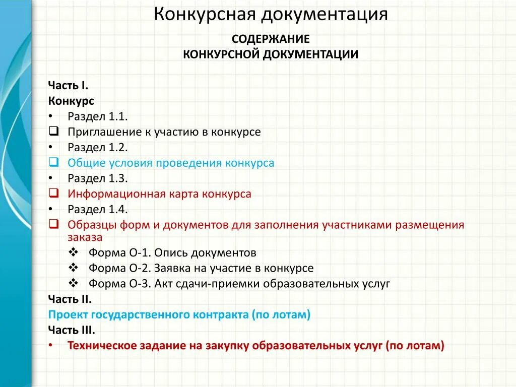 Организация конкурсной программы. Информационная карта конкурса. Содержание тендерной документации. Программа конкурса. Условия участия в конкурсе.