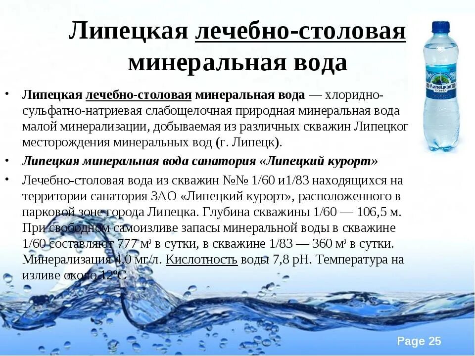 Состав полезной воды. Липецкая минеральная вода лечебно-столовая. Состав лечебной воды. Натриевая минеральная вода. Лечебное действие Минеральных вод.