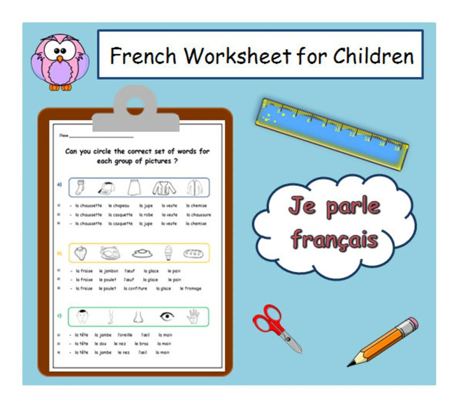 French exercises. French worksheets. basic words in french. basic french words for beginners. basic french english vocabulary.
