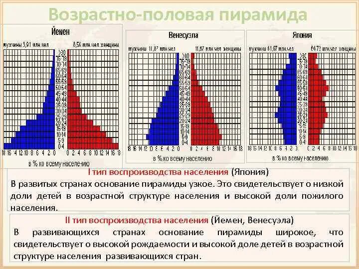 Какие различия по возрастному составу населения. Возрастно-половая пирамида презентация. Половозрастная пирамида Венесуэлы. Возрастно половая пирамида Японии. Типы половозрастных пирамид.